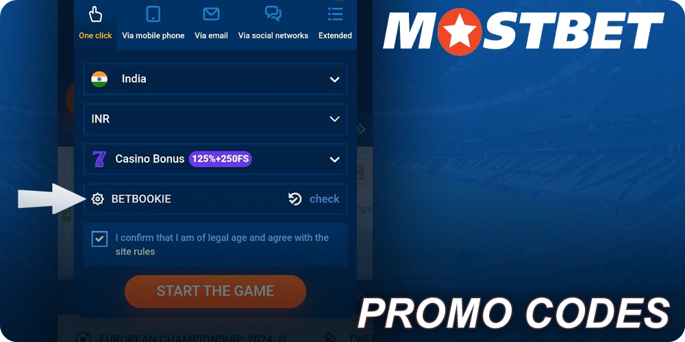 Use promo code BETBOOKIE when registering in Mostbet mobile app