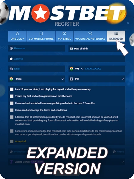 Extended version of registration on Mostbet