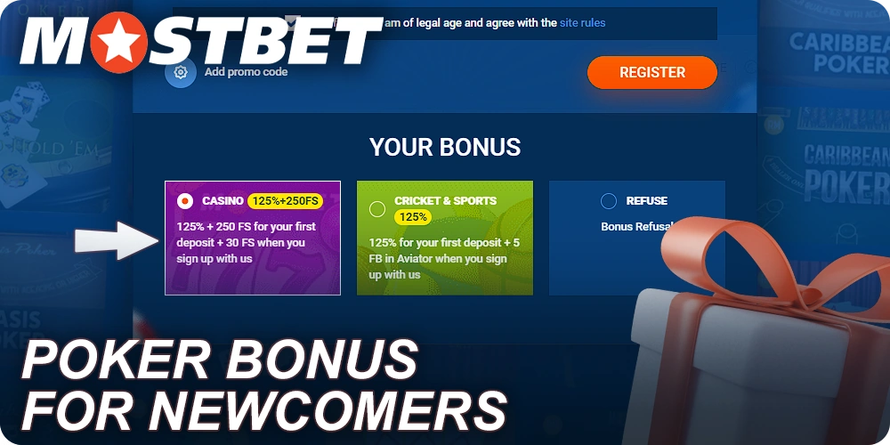 Get a welcome bonus to play poker at Mostbet Casino